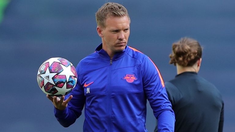 RB Leipzig's German headcoach Julian Nagelsmann looks at players during a training session at the Jose Alvalade stadium in Lisbon on August 12, 2020 on the eve of the UEFA Champions League quarter-final football match between Leipzig and Atletico Madrid. 