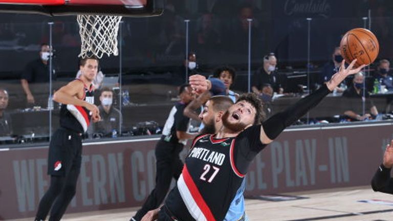 Jusuf Nurkic of the Portland Trail Blazers reaches for the ball during the game against the Memphis Grizzlies during the Western Conference Play in Game