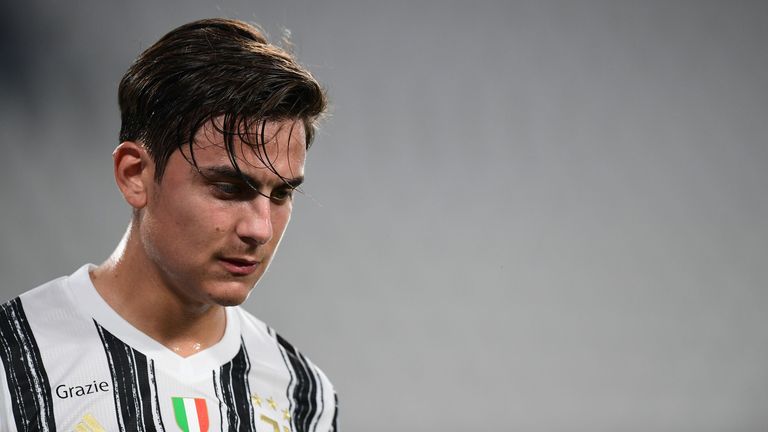 Juventus' Argentine forward Paulo Dybala leaves the football pitch during the UEFA Champions League round of 16 second leg football match between Juventus and Olympique Lyonnais (OL), played behind closed doors due to the spread of the COVID-19 infection, caused by the novel coronavirus, at the Juventus stadium, in Turin , on August 7, 2020.