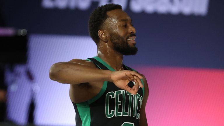 Kemba Walker celebrates a play during the Celtics&#39; Game 1 win over the Raptors