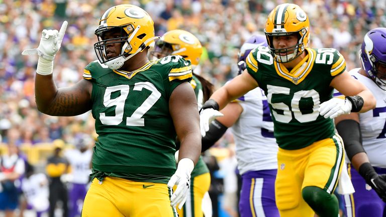 Kenny Clark #97 of the Green Bay Packers reacts in the first quarter against the Minnesota Vikings at Lambeau Field on September 15, 2019 in Green Bay, Wisconsin.