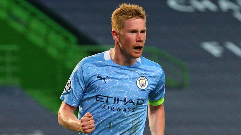 Kevin De Bruyne celebrates scoring against Lyon