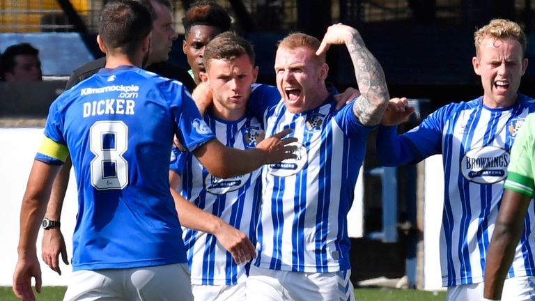 KILMARNOCK, SCOTLAND - AUGUST 09: Chris Burke celebrates after he scores a penalty for Kilmarnock to make it 1-1 during a Scottish Premiership match between Kilmarnock and Celtic at Rugby Park, on August 09, 2020, in Kilmarnock, Scotland. .(Rob Casey / SNS Group)