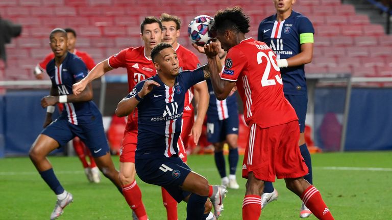 Kingsley Coman heads Bayern Munich ahead in the Champions League final 