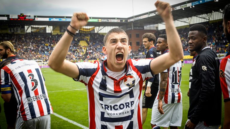 Kostas Tsimikas celebrates winning the derby for Willem against NAC Breda in April 2018