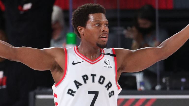 Kyle Lowry celebrates a basket during the Raptors' win over the Lakers