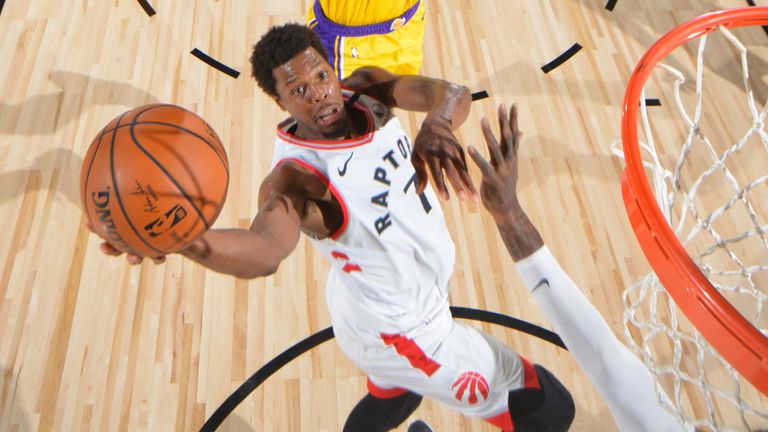 Kyle Lowry attacks the basket against the Lakers