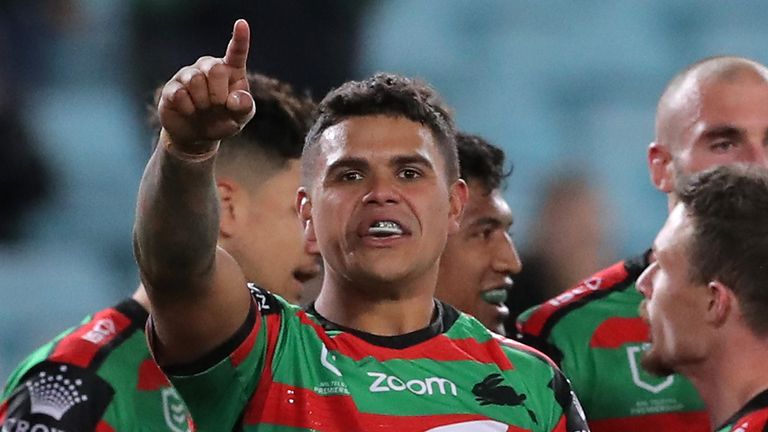 SYDNEY, AUSTRALIA - AUGUST 22: Latrell Mitchell of the Rabbitohs celebrates after scoring a try during the round 15 NRL match between the South Sydney Rabbitohs and the Manly Sea Eagles at ANZ Stadium on August 22, 2020 in Sydney, Australia. (Photo by Matt King/Getty Images)