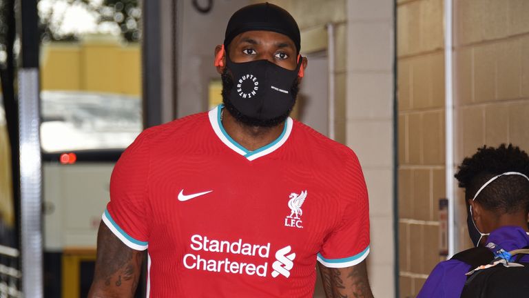 LeBron James arrives at the HP Fieldhouse wearing a Liverpool jersey