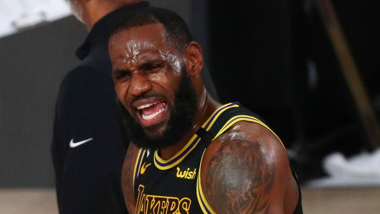 LeBron James appeals to the referee during the Los Angeles Lakers' Game 4 win over the Portland Trail Blazers