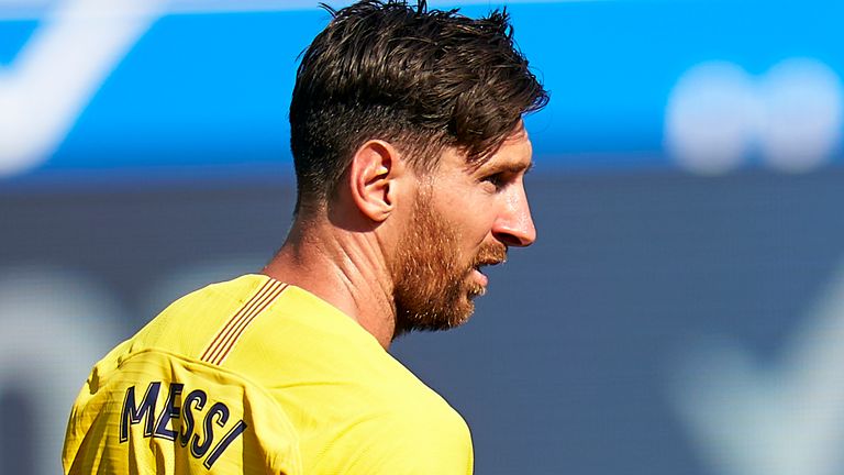 Lionel Messi of FC Barcelona looks on during the Liga match between Deportivo Alaves and FC Barcelona at Estadio de Mendizorroza on July 19, 2020 in Vitoria-Gasteiz, Spain. 