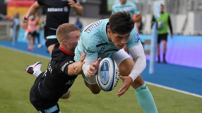  Louis Rees-Zammit of Gloucester drops the ball over the try line