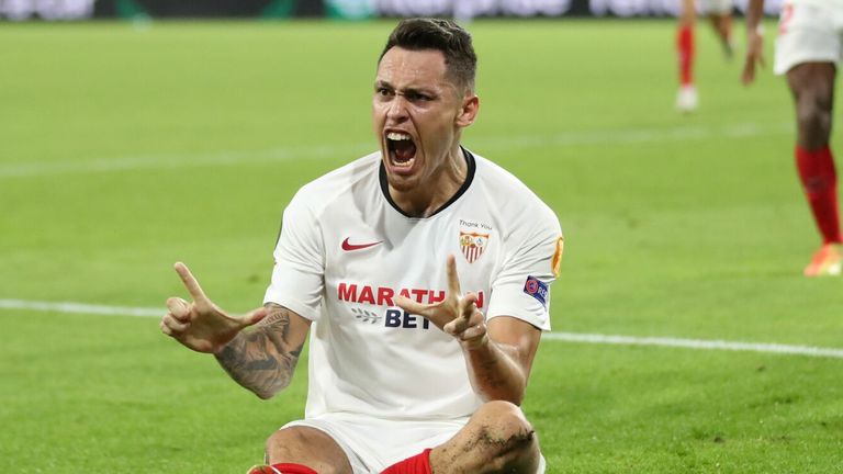 Lucas Ocampos celebrates scoring Sevilla's goal against Wolves