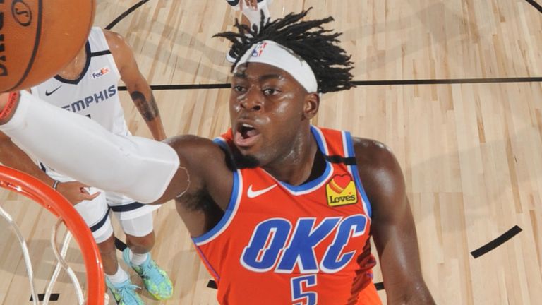 Luguentz Dort rises to the rim to score for the Thunder