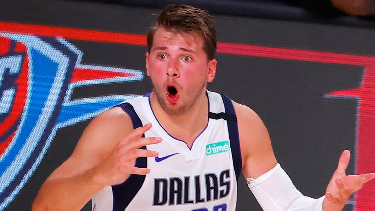 Luka Doncic is surprised by a call during Dallas' Game 1 loss to the Clippers