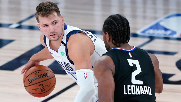 Luka Doncic is guarded by Kawhi Leonard in Game 2