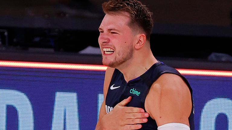 Luka Doncic celebrates his game-winning shot against the LA Clippers