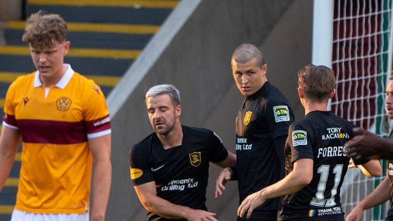 Livingston's Lyndon Dykes (centre) celebrates his goal against Motherwell 