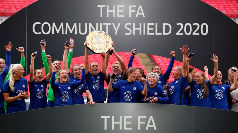 Magdalena Eriksson of Chelsea lifts the Community Shield Trophy following her team's victory in during the Women's FA Community Shield Final at Wembley