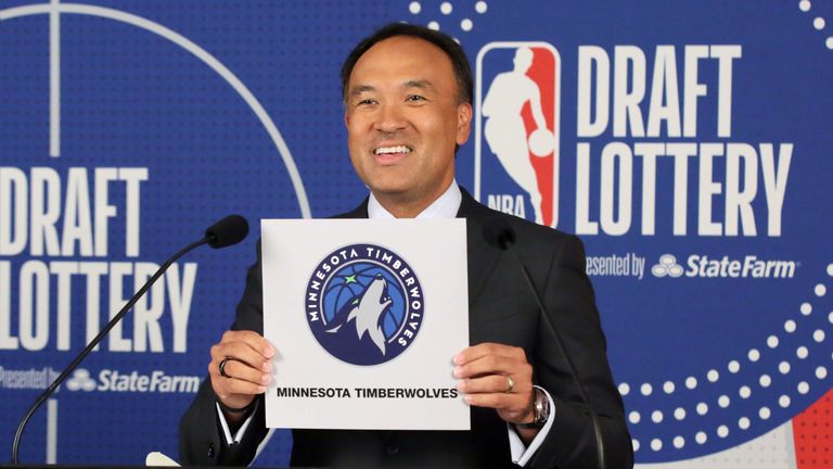 Deputy commissioner of the NBA Mark Tatum holds up the card of the Minnesota Timberwolves to confirm they get the No 1 pick in the 2020 Draft