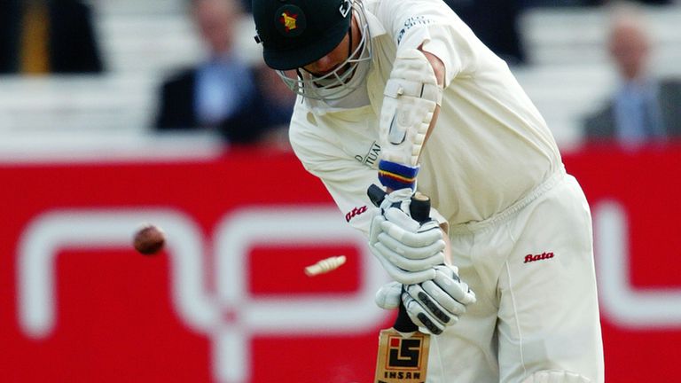 James Anderson bowls Zimbabwe's Mark Vermeulen on debut in 2003 for the first of his 600 Test wickets