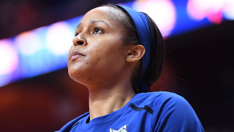 Maya Moore stands before a Minnesota Lynx game during the 2018 season