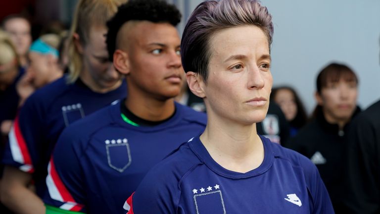 Megan Rapinoe and her team-mates walk out prior to kick-off during a SheBelieves Cup match against Japan