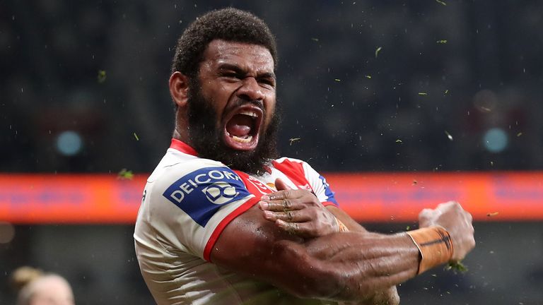 SYDNEY, AUSTRALIA - AUGUST 14: Mikaele Ravalawa of the Dragons celebrates scoring a try during the round 14 NRL match between the Parramatta Eels and the St George Illawarra Dragons at Bankwest Stadium on August 14, 2020 in Sydney, Australia. (Photo by Mark Kolbe/Getty Images)