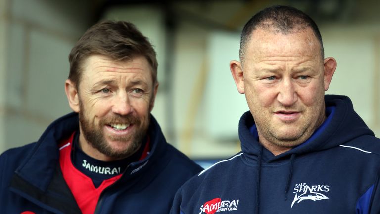 WORCESTER, ENGLAND - FEBRUARY 22:  Sale Sharks Director of Rugby Steve Diamond (right) and defence coach Mike Forshaw  during the Aviva Premiership match between Worcester Warriors and Sale Sharks at the Sixways Stadium, on February 22, 2014 in Worcester, England (Photo by David Jones/Getty Images)