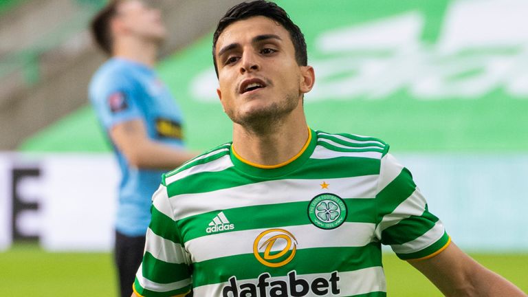 GLASGOW, SCOTLAND - AUGUST 18:  Mohamed Elyounoussi celebrates after he beats Beitir Olafsson to make it 1-0 during a UEFA Champions League Qualifier between Celtic v KR Reykjavik at Celtic Park,  on August 18, 2020, in Glasgow, Scotland. .(Alan Harvey / SNS Group)
