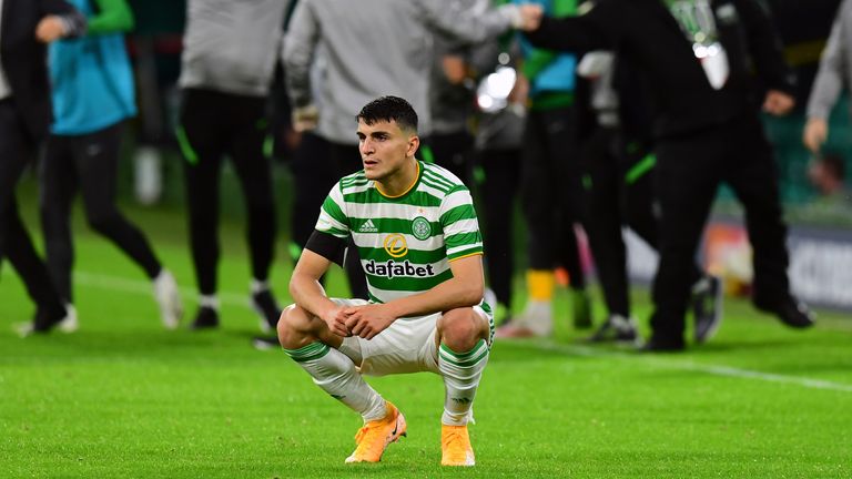 Mohamed Elyounoussi slumps to the ground at the final whistle at Celtic Park