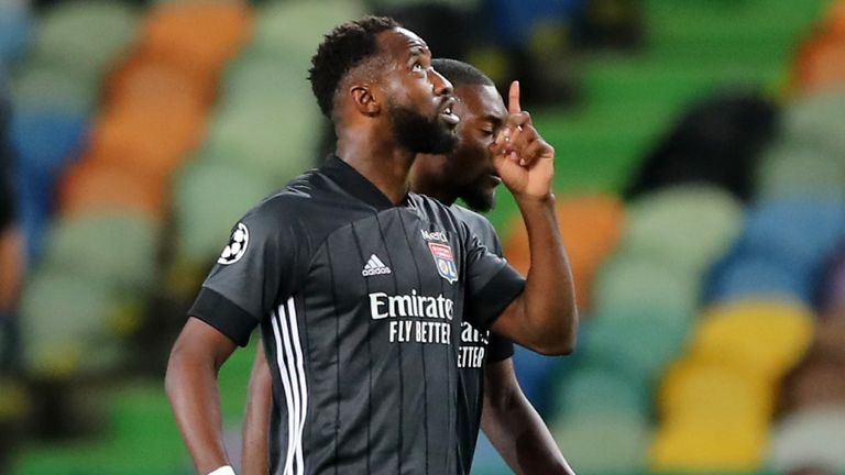 Moussa Dembele celebrates scoring for Lyon