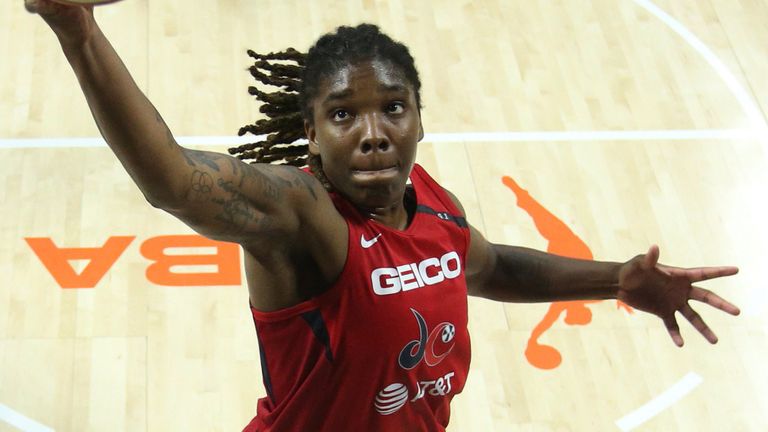 Myisha Hines-Allen of the Washington Mystics reaches for the ball during the game against the Chicago Sky