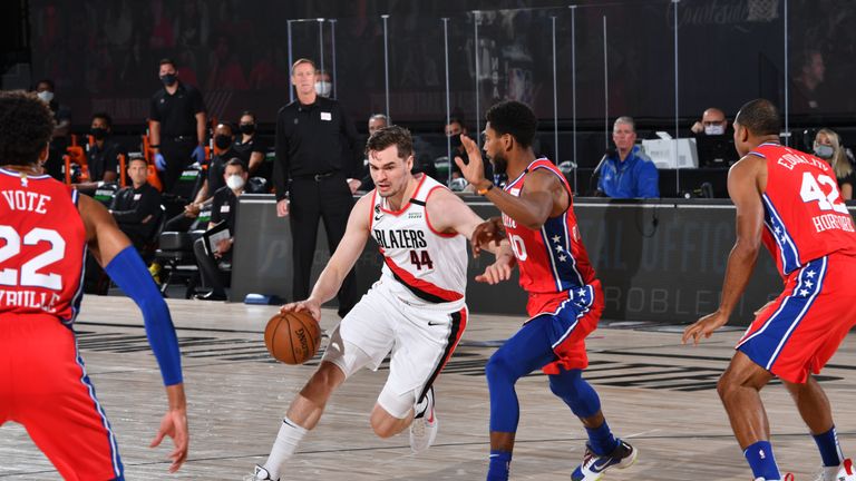 Mario Hezonja #44 of the Portland Trail Blazers handles the ball against the Philadelphia 76ers on August 9, 2020 at Visa Athletic Center at ESPN Wide World of Sports in Orlando, Florida. 