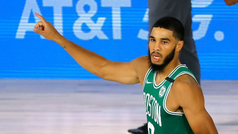 Jayson Tatum&#39;s impressive three-pointer from way downtown reduced Philadelphia&#39;s lead over Boston at the end of the first quarter of their NBA playoff clash.