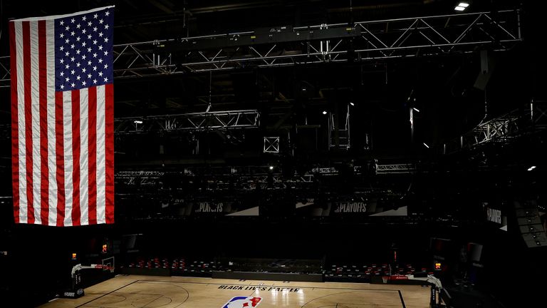 An empty arena is seen as all NBA playoff games were postponed today during the 2020 NBA Playoffs at AdventHealth Arena at ESPN Wide World Of Sports Complex on August 27, 2020 in Lake Buena Vista, Florida. NBA players have reportedly decided to resume the season after their walkout of playoff games on Wednesday to protest the shooting of Jacob Blake in Kenosha, Wisconsin. 