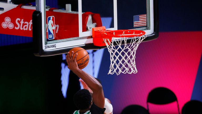 aylen Brown #7 of the Boston Celtics dunks against the Portland Trail Blazers at The Arena at ESPN Wide World Of Sports Complex on August 02, 2020 in Lake Buena Vista, Florida. 