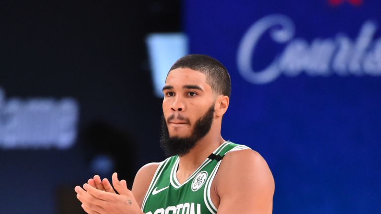 Jayson Tatum #0 of the Boston Celtics reacts during a game against the Portland Trail Blazers on August 2, 2020 at The Arena at ESPN Wide World Of Sports Complex in Orlando, Florida.