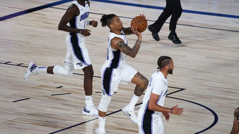 Markelle Fultz #20 of the Orlando Magic makes a three-point basket to end the first quarter of a NBA basketball game against the Sacramento Kings at HP Field House at ESPN Wide World Of Sports Complex on August 2, 2020 in Lake Buena Vista, Florida. 