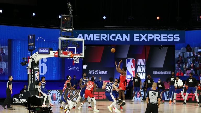  Stanley Johnson #5 of the Toronto Raptors shoots the go ahead basket to win the game against the Philadelphia 76ers on August 12, 2020 at The Field House in Orlando, Florida. 