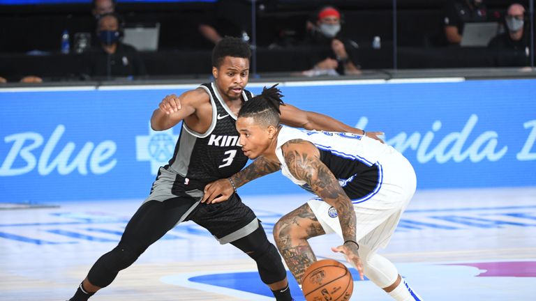 Markelle Fultz #20 of the Orlando Magic handles the ball against the Sacramento Kings August 2, 2020 at HP Field House at ESPN Wide World of Sports in Orlando, Florida. 