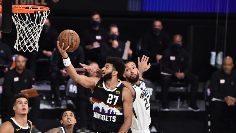 Jamal Murray #27 of the Denver Nuggets shoots the ball against the Utah Jazz during Round One, Game Five of the NBA Playoffs on August 25, 2020 at The Field House in Orlando, Florida. 