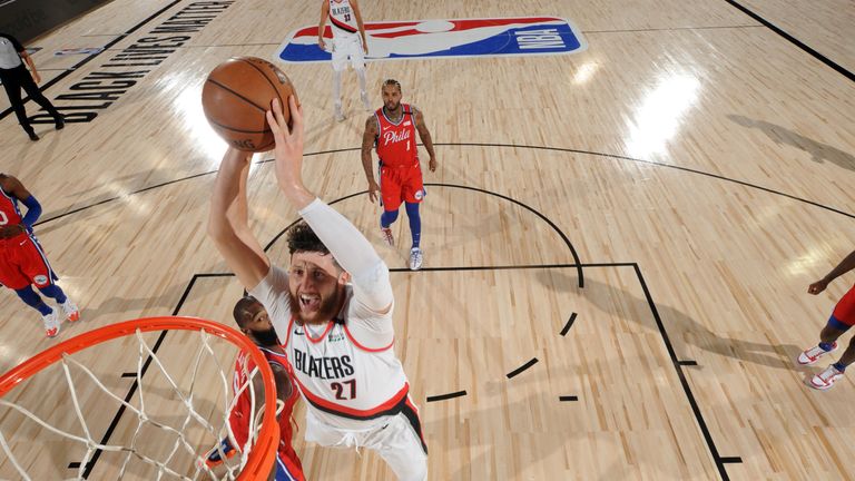 Jusuf Nurkic #27 of the Portland Trail Blazers dunks the ball against the Philadelphia 76ers on August 9, 2020 at Visa Athletic Center at ESPN Wide World of Sports in Orlando, Florida