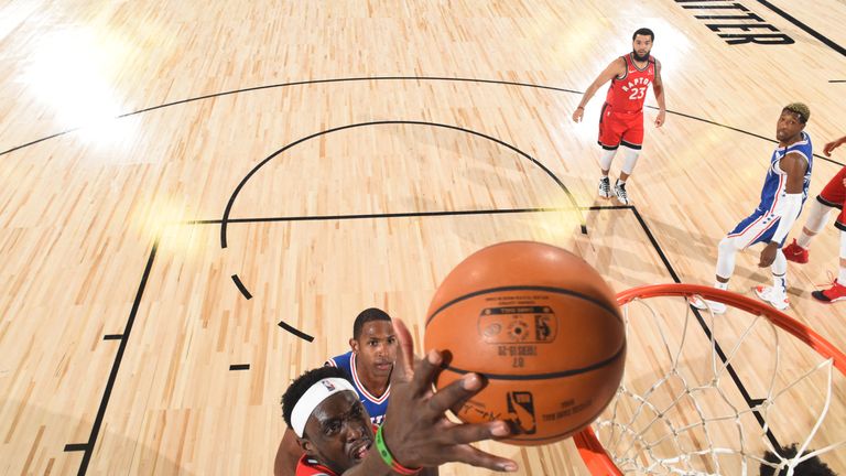 Pascal Siakam #43 of the Toronto Raptors shoots the ball against the Philadelphia 76ers on August 12, 2020 at The Field House at ESPN Wide World of Sports in Orlando, Florida.