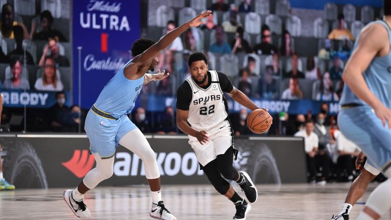 Rudy Gay #22 of the San Antonio Spurs handles the ball during a game against the Memphis Grizzlies on August 2, 2020 at Visa Athletic Center at ESPN Wide World Of Sports Complex in Orlando, Florida. 