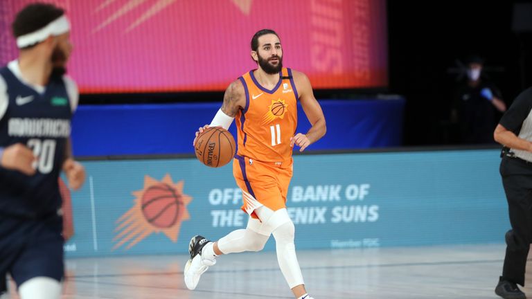 Ricky Rubio #11 of the Phoenix Suns handles the ball during the game against the Dallas Mavericks on August 2, 2020 at The Visa Athletic Center at ESPN Wide World Of Sports Complex in Reunion, Florida. 