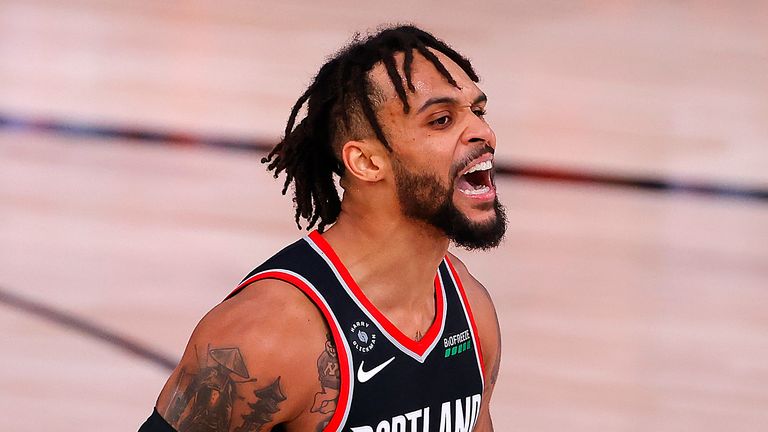 Gary Trent Jr. #2 of the Portland Trail Blazers celebrates a three point basket against the Denver Nuggets during the second quarter at Visa Athletic Center at ESPN Wide World Of Sports Complex on August 06, 2020 in Lake Buena Vista, Florida.