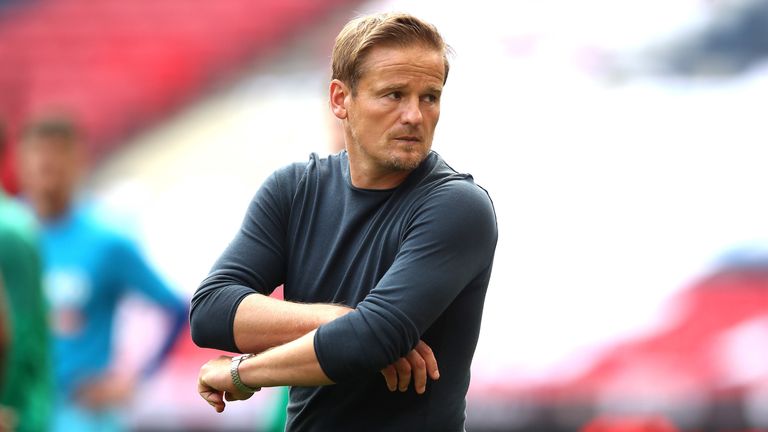 Notts County manager Neal Ardley looks dejected at the final whistle as they lose 3-1 to Harrogate Town in National League play-off final