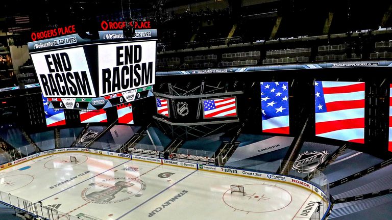 An &#39;End Racism&#39; message on the big screen ahead of the NHL play-offs on Wednesday