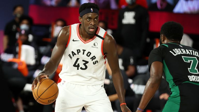 Pascal Siakam of the Toronto Raptors handles the ball against the Boston Celtics during Game One of the Eastern Conference Semifinals